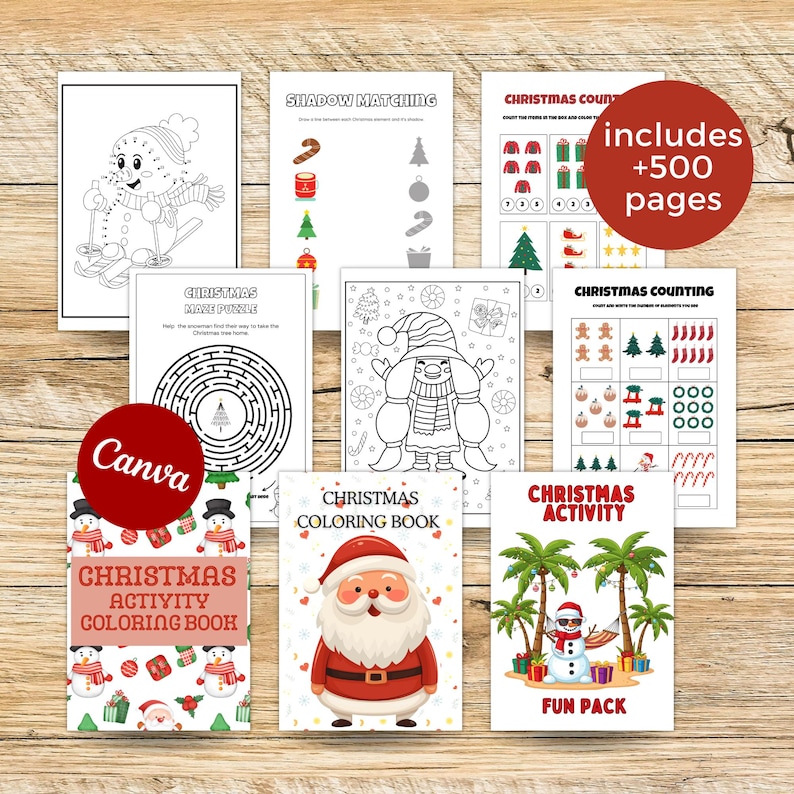 May include: A selection of Christmas activity books and colouring pages. The books feature illustrations of snowmen, Santa Claus, and Christmas trees. The text includes "Christmas Activity Coloring Book", "Christmas Maze Puzzle", and "Fun Pack". The image also includes the text "includes +500 pages".