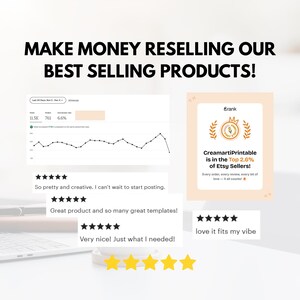 May include: Image with the text "MAKE MONEY RESELLING OUR BEST SELLING PRODUCTS!". Includes a graph, Etsy seller ranking, and customer reviews. The reviews include phrases like "So pretty and creative" and "Great product".