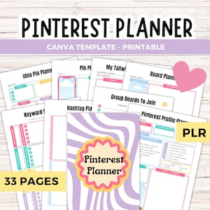 Könnte beinhalten: Eine Sammlung druckbarer Pinterest-Planer-Vorlagen. Das Design umfasst Seiten für die Ideenplanung, Keyword-Tracking und Profilplanung. Das Cover zeigt den Text "Pinterest Planner" in einer dekorativen Schriftart, mit "Canva Template - Printable".