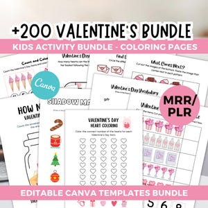 Può includere: Un pacchetto di attività di San Valentino con pagine da colorare. Il pacchetto include vari fogli di lavoro stampabili con attività a tema San Valentino, come contare, abbinare e colorare. Il testo dice "+200 VALENTINE'S BUNDLE" e "KIDS ACTIVITY BUNDLE - COLORING PAGES".