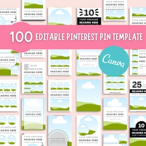 Könnte beinhalten: Eine Sammlung von 100 bearbeitbaren Pinterest-Pin-Vorlagen. Jede Vorlage zeigt ein Landschaftsdesign mit grünen Hügeln, blauem Himmel und weißen Wolken. Die Vorlagen sind für Canva konzipiert.