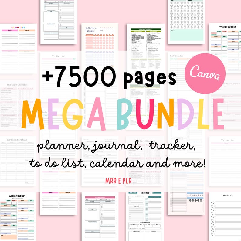 Mega Canva Planner Templates Bundle – over 200 editable and printable planners and journals for personal development, business, health, finance, social media, ADHD, and more, PLR MRR included, ADHD planner for adult