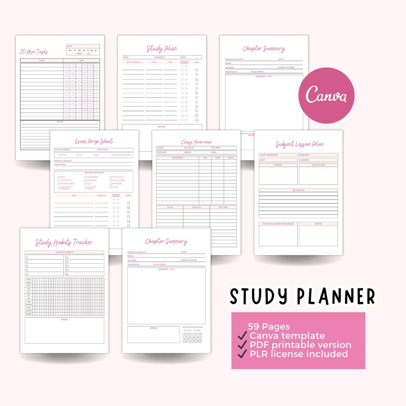 Peut inclure: Un planificateur d'&eacute;tude avec divers mod&egrave;les, dont une liste de t&acirc;ches de 20 minutes, un plan d'&eacute;tude et un r&eacute;sum&eacute; de chapitre. Le planificateur pr&eacute;sente un logo Canva rose et une banni&egrave;re rose avec le texte "STUDY PLANNER". La banni&egrave;re indique &eacute;galement le nombre de pages, le type de mod&egrave;le et la licence.