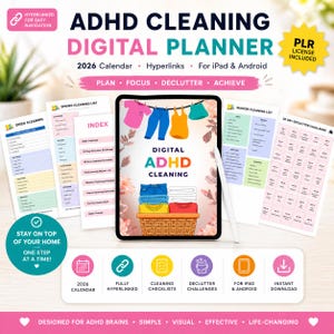 Può includere: Planner digitale per la pulizia ADHD con calendario 2026, collegamenti ipertestuali ed elenchi di controllo. L'immagine mostra un tablet con le parole "Digital ADHD Cleaning" e uno stendibiancheria con vestiti colorati. Include licenza PLR.