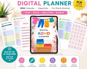 ADHD digital planners cleaning for ipad & Android, editable canva template PLR digital planner