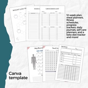 May include: Printable planner pages for weight loss, meal planning, fitness, and more. The pages include sections for tracking weight, food intake, workouts, and body measurements. The pages are designed in a minimalist style with black and white text and graphics.