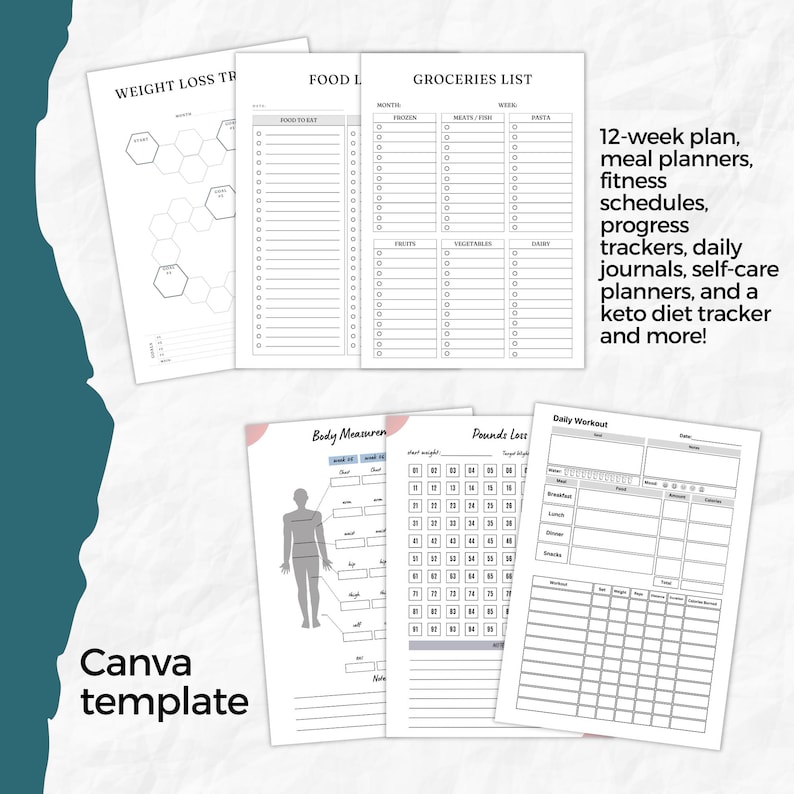 May include: Printable planner pages for weight loss, meal planning, fitness, and more. The pages include sections for tracking weight, food intake, workouts, and body measurements. The pages are designed in a minimalist style with black and white text and graphics.