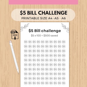 Desafío de ahorro de 5 dólares, rastreador de ahorros imprimible, rastreador de ahorro de dinero, desafío del sobre con efectivo, planificador de presupuesto, desafío de facturas: ahorre 500