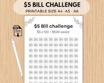 5 dollar savings challenge, printable savings tracker, money saving tracker, Cash Envelope Challenge, Budget Planner, bill challenge save 500