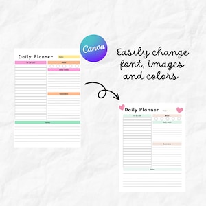 May include: A printable daily planner template with sections for to-do list, mood, daily goals, reminders, and notes. The template is designed with a light pink, light blue, and light orange colour scheme. The text "Daily Planner" is at the top of the page.