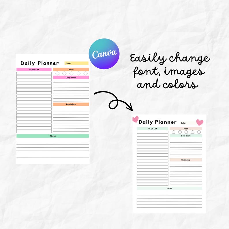 May include: A printable daily planner template with sections for to-do list, mood, daily goals, reminders, and notes. The template is designed with a light pink, light blue, and light orange colour scheme. The text "Daily Planner" is at the top of the page.