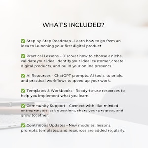 May include: A digital product course overview titled WHAT'S INCLUDED? featuring six green checkmarks next to text describing a step-by-step roadmap, practical lessons, AI resources, templates and workbooks, community support, and continuous updates.