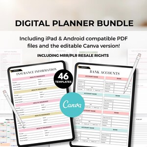 Può includere: Pacchetto di planner digitale con 46 modelli, inclusi file PDF compatibili con iPad e Android e una versione Canva modificabile. L'immagine mostra due pagine di planner digitale con sezioni per informazioni assicurative e conti bancari.
