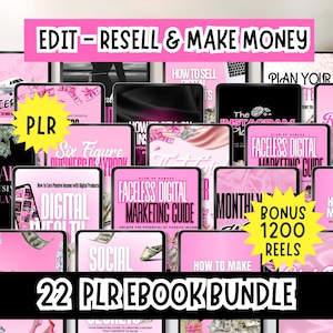 May include: A collection of pink digital marketing guides and ebooks, with titles like "Faceless Digital Marketing Guide" and "How to Sell Digital." The image includes the text "EDIT - RESELL & MAKE MONEY" and "22 PLR EBOOK BUNDLE."