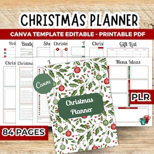 May include: A Christmas Planner with a holly and ornament design in green and white. The planner includes pages for budgeting, gift lists, and menu ideas. The text "Christmas Planner" is on the cover. The planner is 84 pages and is a Canva template.