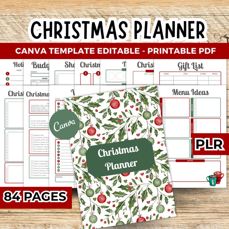 May include: A Christmas Planner with a holly and ornament design in green and white. The planner includes pages for budgeting, gift lists, and menu ideas. The text "Christmas Planner" is on the cover. The planner is 84 pages and is a Canva template.