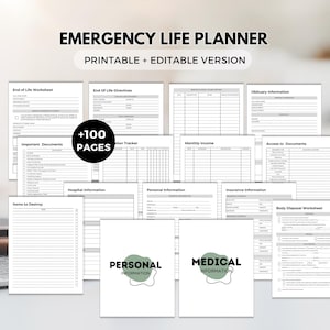 Könnte beinhalten: Ein druckbares und bearbeitbares Emergency Life Planner Dokumentenset mit über 100 Seiten. Die Sammlung enthält Arbeitsblätter für Patientenverfügungen, Nachruf-Informationen, wichtige Dokumente, monatliches Einkommen und persönliche Daten.