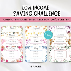 Puede incluir: Plantilla PDF imprimible de Canva para un desafío de ahorro de bajos ingresos. El diseño presenta 12 páginas, cada una con bordes florales y objetivos de ahorro mensuales. El texto incluye meses, cantidades semanales y el importe total del ahorro.