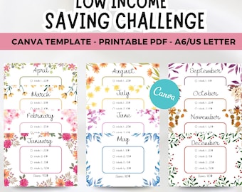 A6 Monthly Savings Challenge Bundle, 12 Month Money Challenge Printable, Editable Canva Template,Low Income Savings Tracker,Digital Download