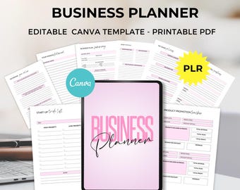 Könnte beinhalten: Ein rosa-weißes Business-Planer-Template mit den Worten "BUSINESS PLANNER" in großen rosa Buchstaben. Das Bild enthält mehrere Seiten mit Eingabeaufforderungen und ein Tablet mit den Worten "BUSINESS Plannen". Die Vorlage ist in Canva bearbeitbar und als PDF druckbar.