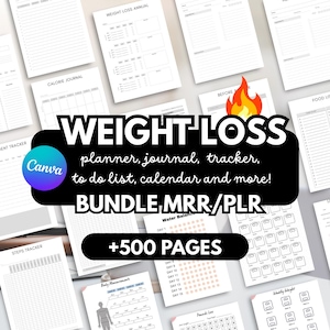 Può includere: Una raccolta di planner, diari e tracker per la perdita di peso stampabili. L'immagine presenta varie pagine per il monitoraggio delle calorie, le misurazioni corporee e i registri del peso settimanali. Il pacchetto include oltre 500 pagine.
