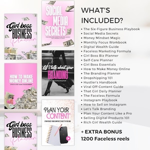 May include: A promotional image featuring several digital product covers with titles like "Girl Boss Business Planner" and "Social Media Secrets." The image also lists included resources and a bonus of 1200 faceless reels, all related to online business and content creation.