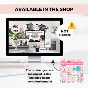 May include: A computer monitor displays a Faceless Digital Marketing Bundle with 28 Guides. The image includes a laptop, tablet, and a collection of Pinterest templates. Text on the image reads "AVAILABLE IN THE SHOP" and "The product you are looking at is also included in our complete bundle!"
