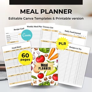 Meal Planner Editable Canva Template, printable meal planner Weekly Meal Plan, Grocery List, Recipe Cards, meal prep planner, PLR License