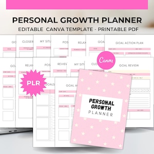 Può includere: Un pianificatore di crescita personale rosa con motivi a stelle bianche e la scritta "PERSONAL GROWTH PLANNER" sulla copertina. L'immagine mostra anche diverse pagine con suggerimenti e la scritta "EDITABLE CANVA TEMPLATE - PRINTABLE PDF".