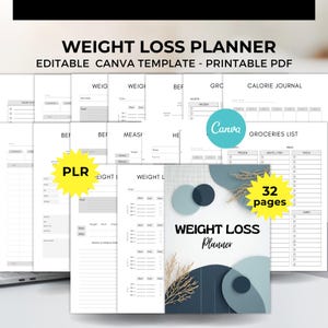 May include: A weight loss planner with a modern design, featuring a cover with the text "WEIGHT LOSS Planner" and the Canva logo. The planner includes 32 pages and is an editable Canva template in PDF format.