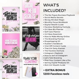 Op de afbeelding: Een verzameling roze en witte business- en marketinggidsen. Titels zijn onder meer "Girl Boss Business Planner", "Social Media Secrets" en "How to Make Money Online". De afbeelding bevat ook bronnen zoals "The Six-Figure Business Playbook".