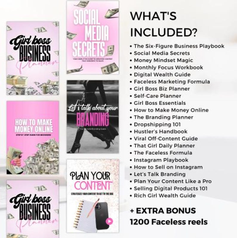 Op de afbeelding: Een verzameling roze en witte business- en marketinggidsen. Titels zijn onder meer "Girl Boss Business Planner", "Social Media Secrets" en "How to Make Money Online". De afbeelding bevat ook bronnen zoals "The Six-Figure Business Playbook".