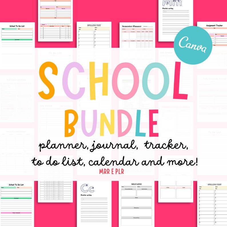 K&ouml;nnte beinhalten: Ein Schul-Bundle mit verschiedenen druckbaren Seiten, darunter ein Planer, ein Journal und eine To-Do-Liste. Der Titel "SCHOOL BUNDLE" ist in gro&szlig;en, farbenfrohen Buchstaben gehalten. Das Bild zeigt auch das Canva-Logo und den Text "MRR E PLR."