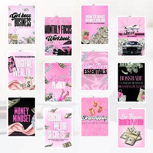 Op de afbeelding: Een verzameling roze digitale planners en werkboeken met titels als "Girl Boss Business Planner", "Money Mindset" en "Social Media Secrets". Elk bevat tekst en afbeeldingen met betrekking tot zaken en rijkdom, met afbeeldingen van geld.