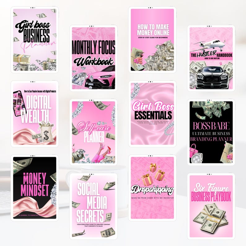 Op de afbeelding: Een verzameling roze digitale planners en werkboeken met titels als "Girl Boss Business Planner", "Money Mindset" en "Social Media Secrets". Elk bevat tekst en afbeeldingen met betrekking tot zaken en rijkdom, met afbeeldingen van geld.