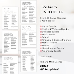 Includes over 200 Canva planner templates: mental health, self-care, pregnancy journal, yoga lesson planner, budget planners, social media planners, meal planners, ADHD trackers, and more