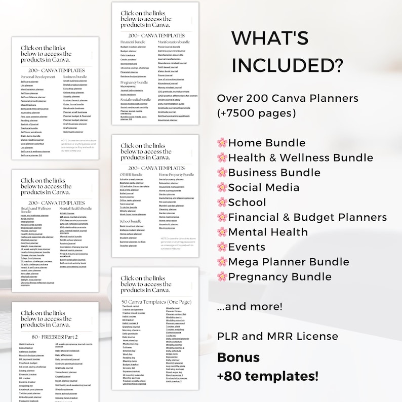 Includes over 200 Canva planner templates: mental health, self-care, pregnancy journal, yoga lesson planner, budget planners, social media planners, meal planners, ADHD trackers, and more