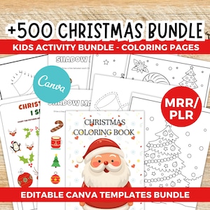 Puede incluir: Un paquete de páginas para colorear y hojas de actividades con temática navideña para niños. La imagen presenta una pila de páginas imprimibles con varias ilustraciones temáticas de vacaciones, incluyendo un Papá Noel, árboles de Navidad y adornos. El texto incluye "+500 CHRISTMAS BUNDLE" y "EDITABLE CANVA TEMPLATES BUNDLE."