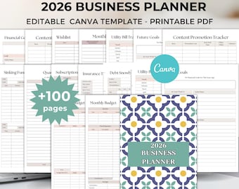 Business planner 2026 editable canva template, business planner printable, Business planner PLR MRR