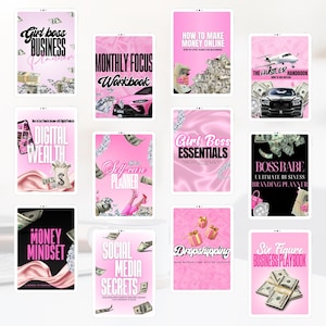 May include: A collection of pink digital planners and workbooks with titles like "Girl Boss Business Planner," "Money Mindset," and "Social Media Secrets." Each features text and images of money, cars, and other luxury items.