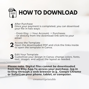 Op de afbeelding: Een witte afbeelding met de tekst "HOW TO DOWNLOAD" en instructies voor het downloaden van een digitaal bestand van Etsy. De stappen omvatten toegang tot de sjabloon en het bewerken ervan in Canva. De afbeelding bevat ook een opmerking over toegang tot de aankoop via een webbrowser.