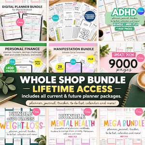 May include: A digital planner bundle featuring various templates for finance, ADHD management, manifestation, weight loss, and mental health. The collection includes over 9000 pages of editable Canva templates, journals, trackers, and calendars for iPad and Android.