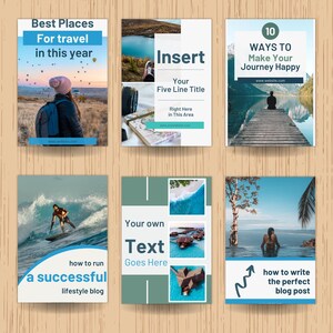 May include: A collection of six travel and lifestyle blog post templates. Each template features a different image, including a person with a backpack, a lake, a surfer, and tropical scenery. Text includes "Best Places", "Insert", and "10 Ways".