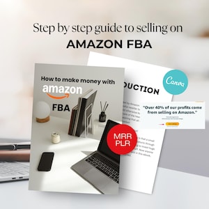 May include: Image promoting Amazon FBA selling. It features a laptop, books, and documents with text like "How to make money with Amazon FBA" and "Over 40% of our profits come from selling on Amazon."