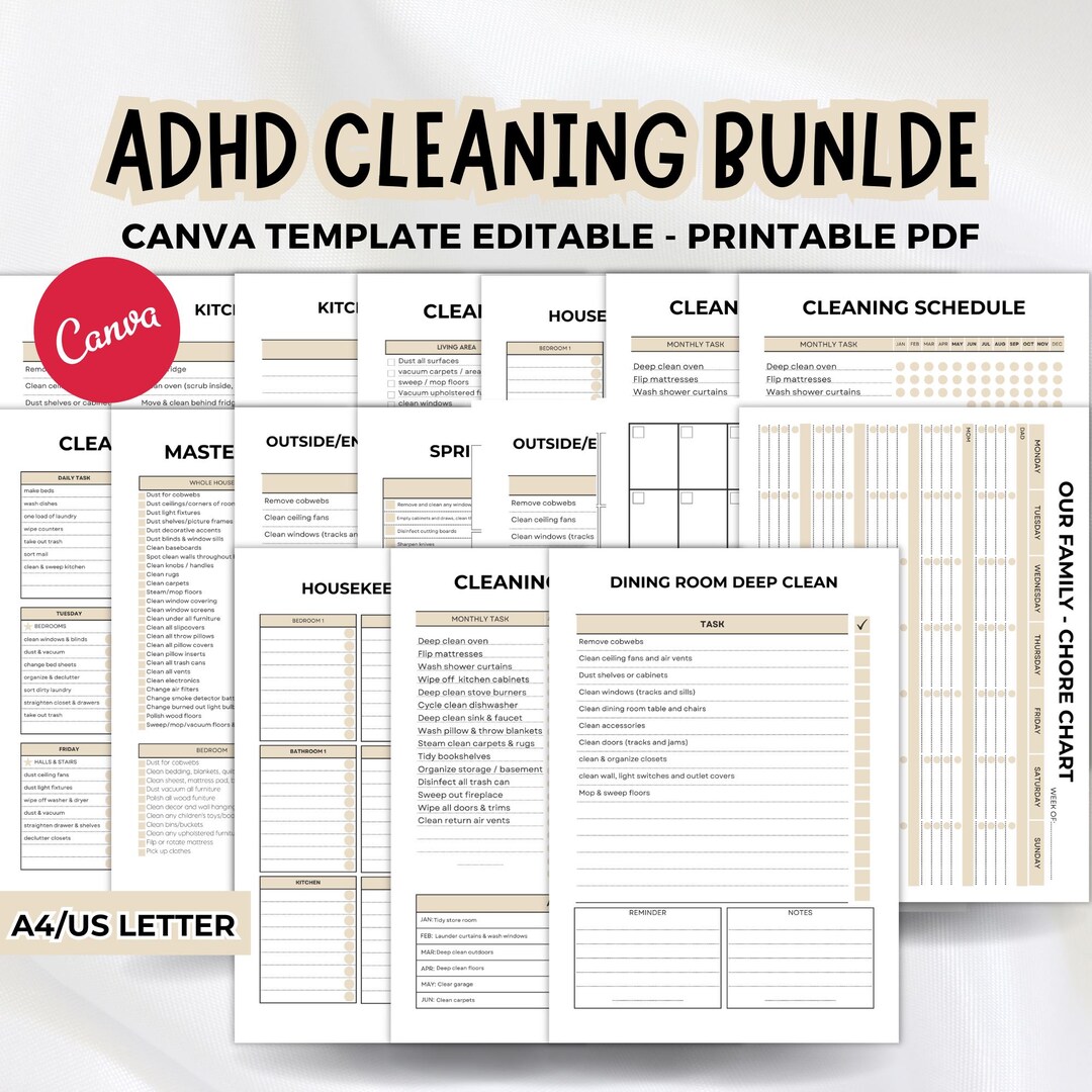ADHD Cleaning Planner Bundle PLR, Editable Canva Planner Template ...
