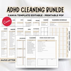 Peut inclure: Ensemble de modèles de nettoyage PDF imprimables avec le texte "ADHD CLEANING BUNDLE". Les modèles comprennent des calendriers de nettoyage, des tableaux de corvées et des listes de contrôle pour diverses pièces. Le logo Canva est visible. Format de papier A4/US Letter.