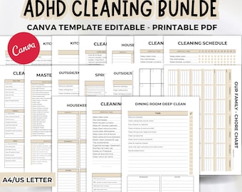 ADHD cleaning planner bundle PLR, Editable Canva planner template, cleaning checklist, cleaning schedule, room by room, Printable