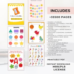 May include: A collection of printable educational materials for children, including mazes, worksheets, and flashcards. The image features colorful charts and pages with shapes, letters, and words. The text includes "Printable PDF" and "Instant Download".