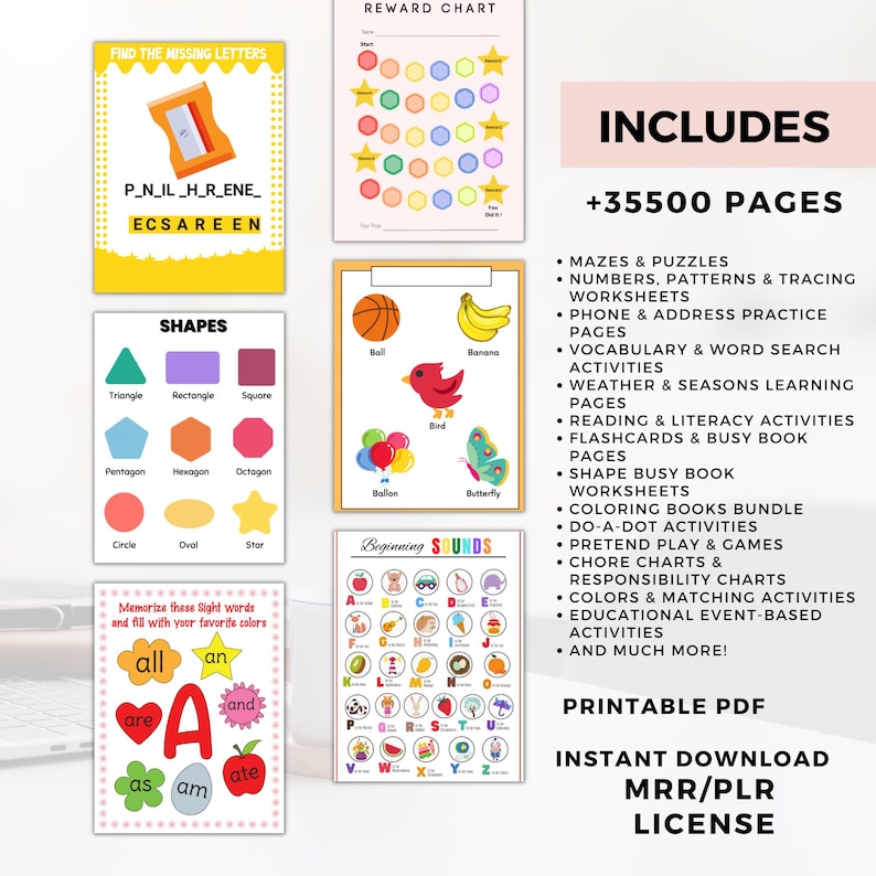 May include: A collection of printable educational materials for children, including mazes, worksheets, and flashcards. The image features colorful charts and pages with shapes, letters, and words. The text includes "Printable PDF" and "Instant Download".