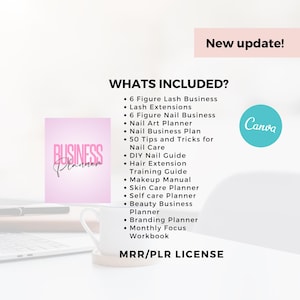 Op de afbeelding: Een roze businessplanner met de tekst "Business Planner" wordt weergegeven naast een lijst met inbegrepen items, zoals wimper- en nagelbedrijfgidsen, en een Canva-logo. De tekst "New update!" staat bovenaan.